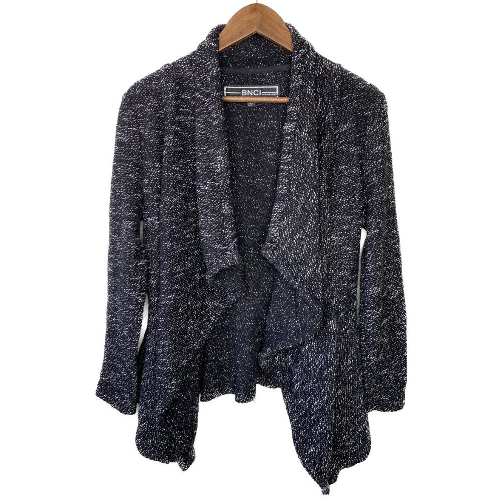 BNCI Blanc Noir Black White Woven Drape Open Front Shawl Long Sleeve Cardigan